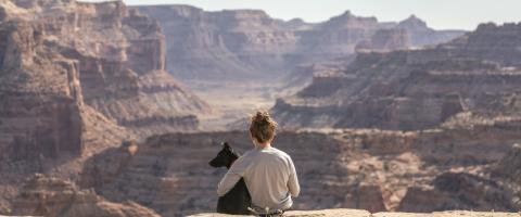 Homme avec un animal de compagnie avec vue sur le Grand Canyon.