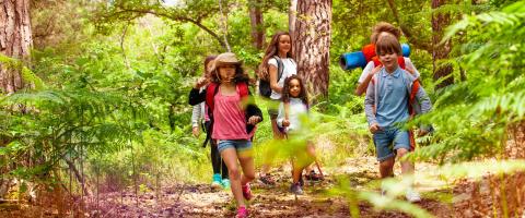 Foto van een meisje in short met andere kinderen samen in een bos in de Franse Alpen.