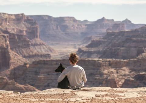 Homme avec un animal de compagnie avec vue sur le Grand Canyon.