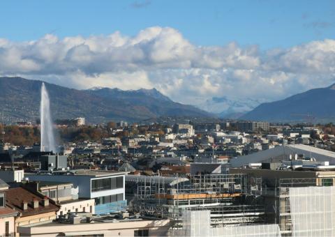 une vue d’une ville avec des montagnes en arrière‑plan (Genève)