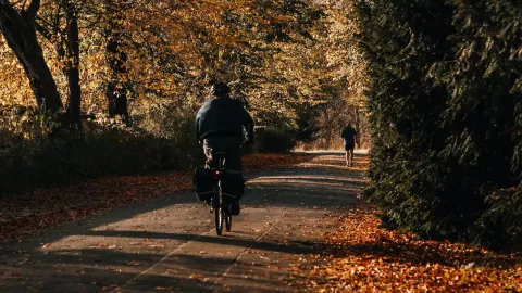 cycliste et coureur sur un chemin en automne.
