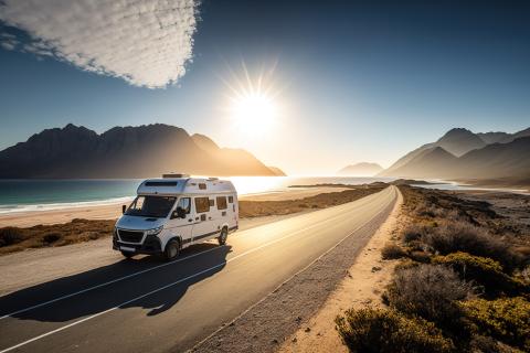 Camping: Un camping-car roulant au soleil le long du littoral. Le concept de la « van life », les voyages, l'envie de voyager. IA générative
