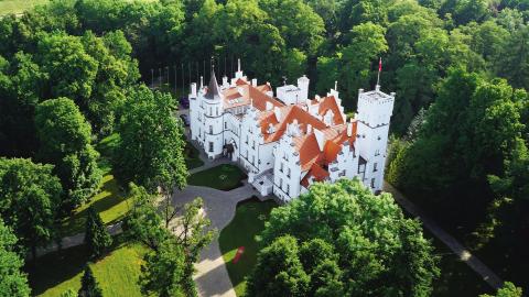 Pologne, vue aérienne sur un château au coeur de la nature.