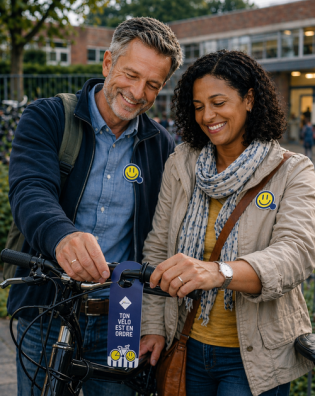 Un homme et une femme souriants attachent une étiquette jaune de Touring sur le guidon d'un vélo, arborant des badges «RingRing Bike Squad» sur leurs vestes devant un bâtiment public.